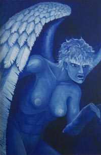 Acrylic painting of Blue Angel, blue momochromatic