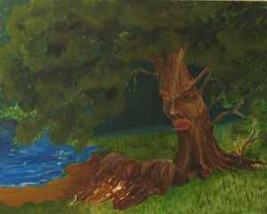 Acrylic painting of drayd protecting a sapling