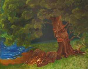 Acrylic painting of drayd protecting a sapling